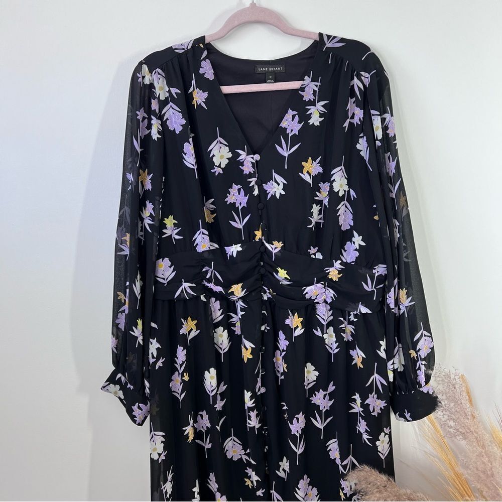 Lane bryant black floral midi dress w/ sheer balloon sleeves button front - Picture 4 of 5